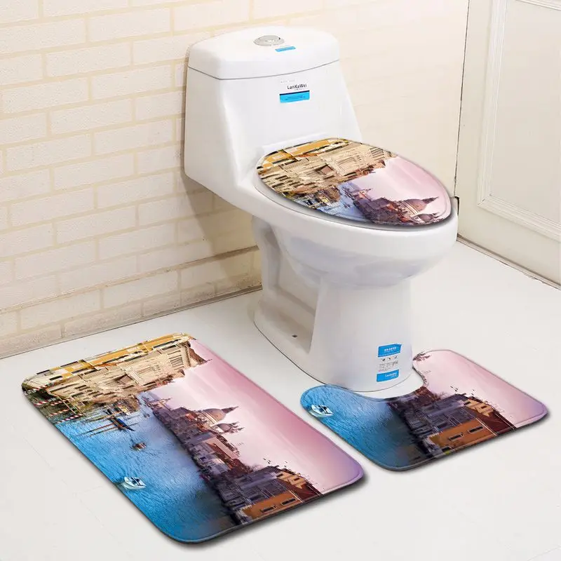 Zeegle City Printed 3pcs/set Bathroom Mat Set Anti-slip Toilet Floor Rugs Flannel Toilet Bath Mat Set Bathroom Carpets And Rugs