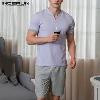 

INCERUN Cotton Men Pajamas Sets Short Sleeve V Neck Sleepwear Shorts 2 Pieces Patchwork 2020 Leisure Men Nightwear Sets Homewear