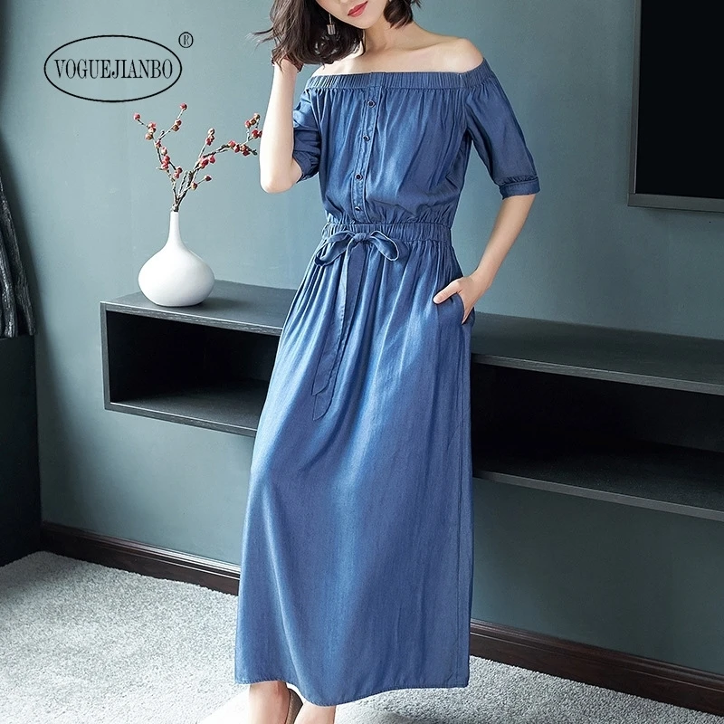 

2020 summer new women's clothing off-the-shoulder long tencel denim dress vestidos de verano sexy feminina robe femme vintage