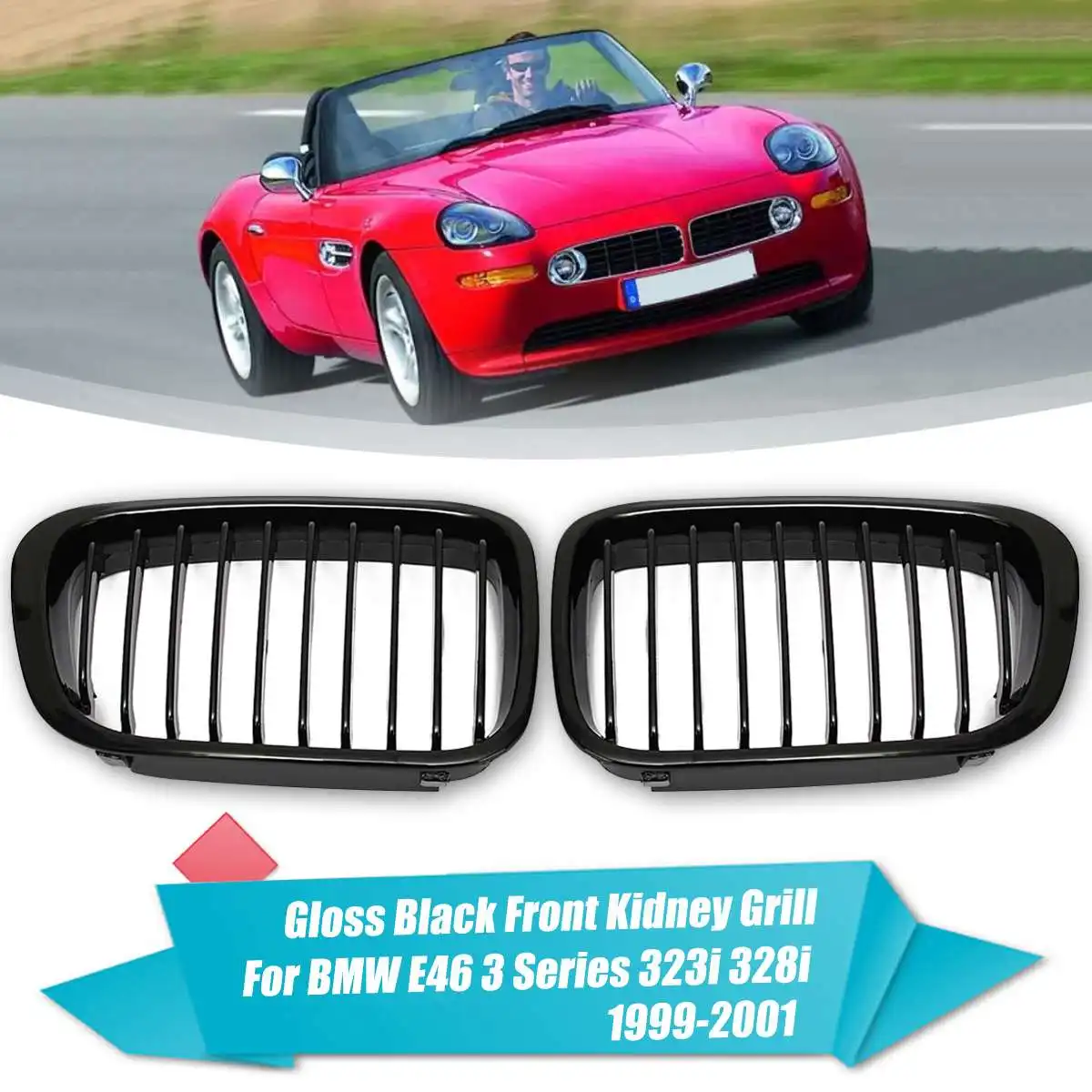 

Pair Front Kidney Grills Grille Gloss Black For BMW 3 Series E46 323i 325i 328i 330i 1999 2000 2001 AM-3476116147 Racing Grills