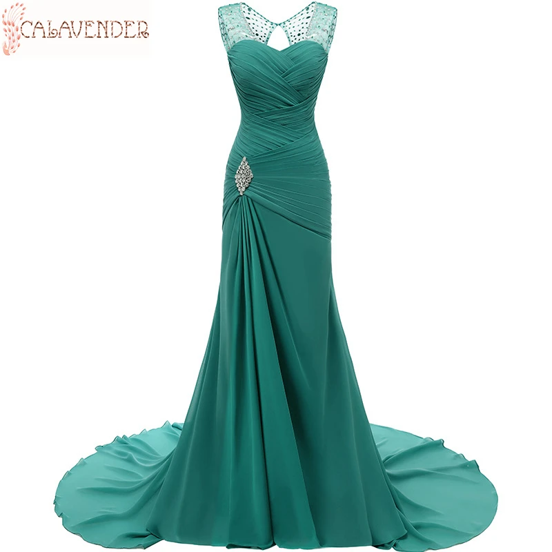 

Chiffon Long Evening Dresses for Women Sheer Neck with Beading Red Mermaid Prom Dress Plus Size Party Dresses