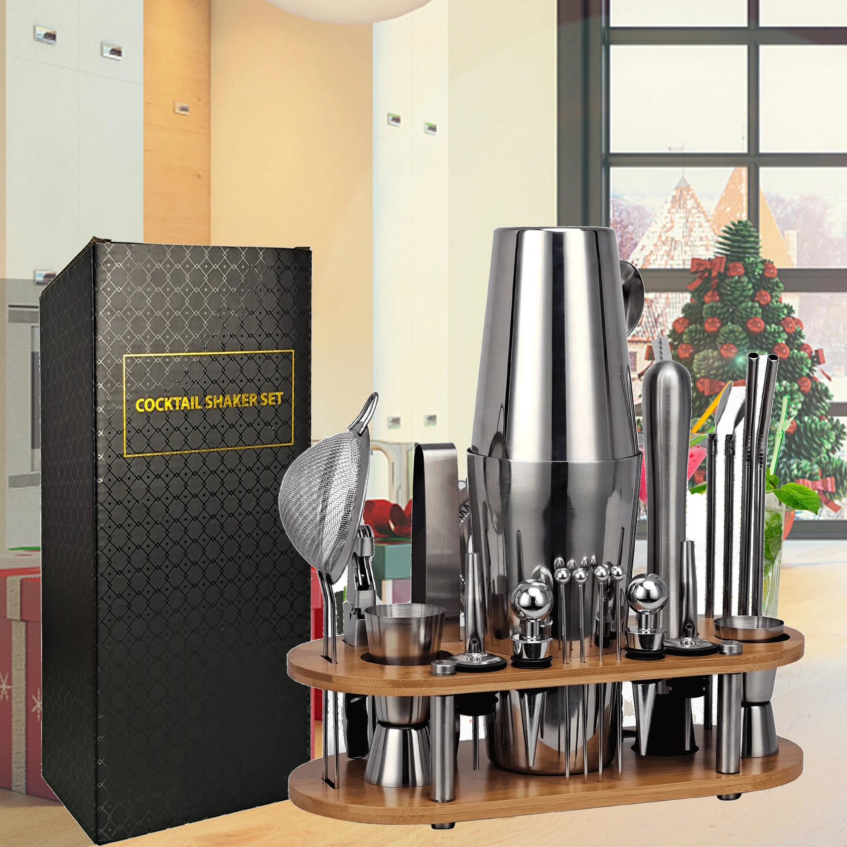 Cocktail Shaker 23-Piece Cocktail Shaker Set Bartender Kit with Oval Bamboo Stand Detachable Home Bar Tools Stainless Steel