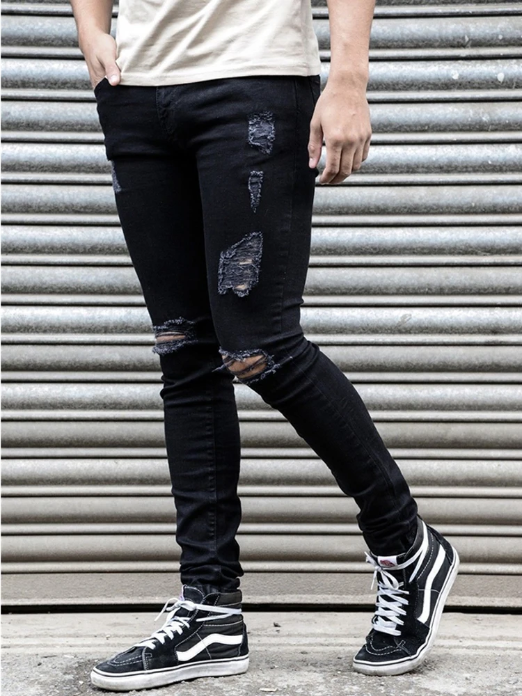 

Long Jean Slim Man Men's Ripped Skinny Distressed Destroyed Stretch Denim Pants With Holes Mid-waist Men Casual Pants Black Blue