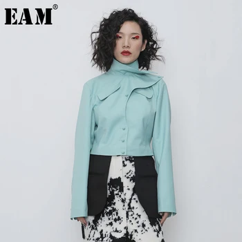 

[EAM] Women Green Split Joint Short Blazer New Stand Collar Long Sleeve Loose Fit Jacket Fashion Tide Spring Autumn 2020 1R107