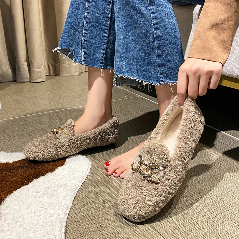 Chain Lambswool Flats Moccasins Femme Slip On Plush Winter Ladies Shoes Curly Furry Loafers Women Creepers Zapatos Plus Size 43 3