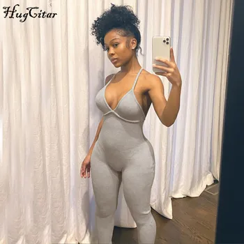 

Hugcitar 2020 sleeveless backless V-neck sexy jumpsuit summer women fashion streetwear bodycon stretchy outfits body romper