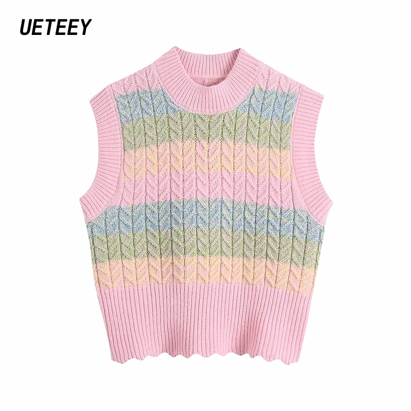 

Women's Pink Sweaters Knitted Mujer Jumpers Cropped Sweaters Sleeveless Striped Crop Tops Femme Vintage Slim Knitwears Female Za