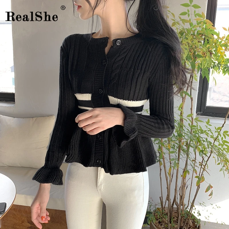 

RealShe Cardigan Women 2020 Long Sleeve Striped Sweaters Ladies Spring Casual Streetwear Ruffles Sweater Woman 2020 Female Tops