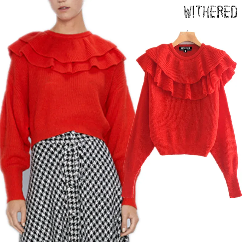 

Withered winter sweaters women england style cascading o-neck short lantern sleeve red pull femme sweaters women pullovers tops