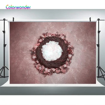 

Baby Newborn Flower Wreath Hay Nest Cushion Pink Marble Floor Baby Kid Birthday Photo Backdrop Background Photocall Photo Studio