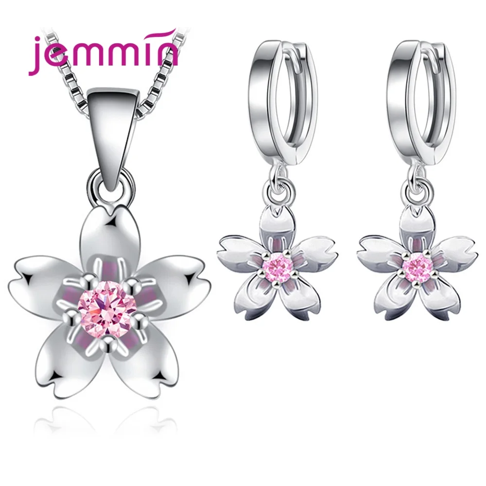 

Women Korean Elegant 925 Sterling Silver Sets Flower Necklaces Wedding Piercing Drop Earrings Party Jewelry Lovers Gift