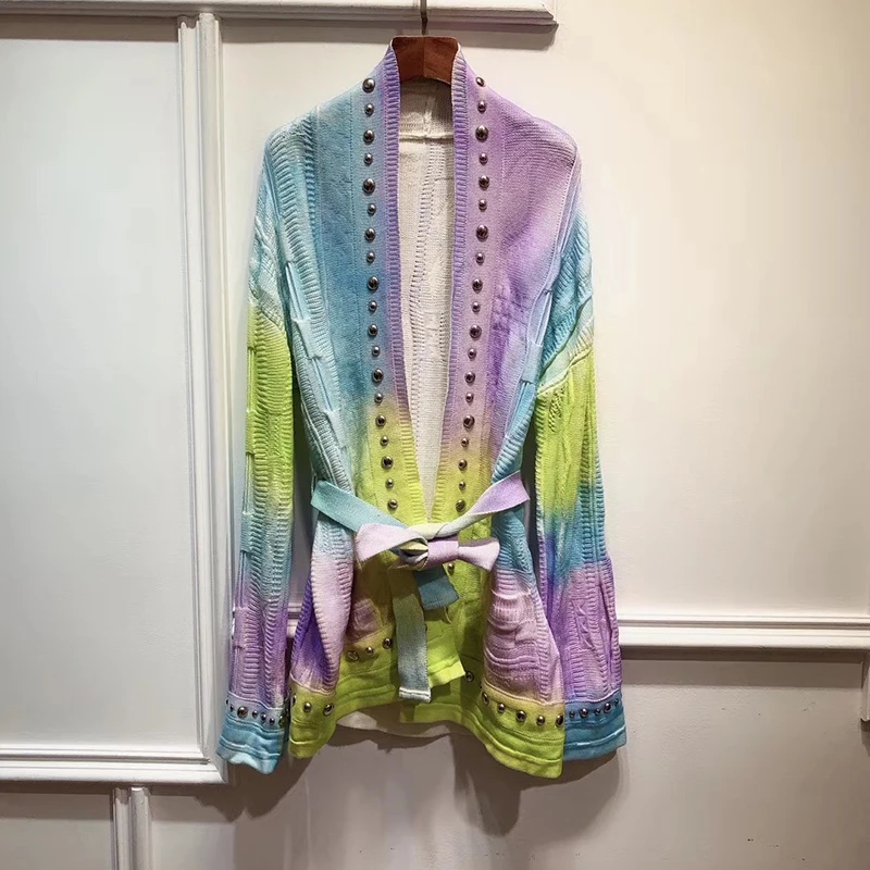 Best Price Colorful Knitted Cardigan Women Casual Long Sleeve Rivet Jumper 2019 Autumn Oversize Sweater Top