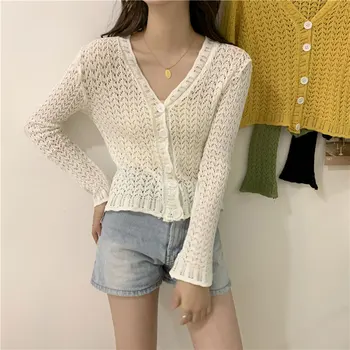 

2020 Spring Hollow Out Ice Silk Knitted Blouse Women Thin Shirts Cardigan Long Flare Sleeve Single Breasted Cropped Tops