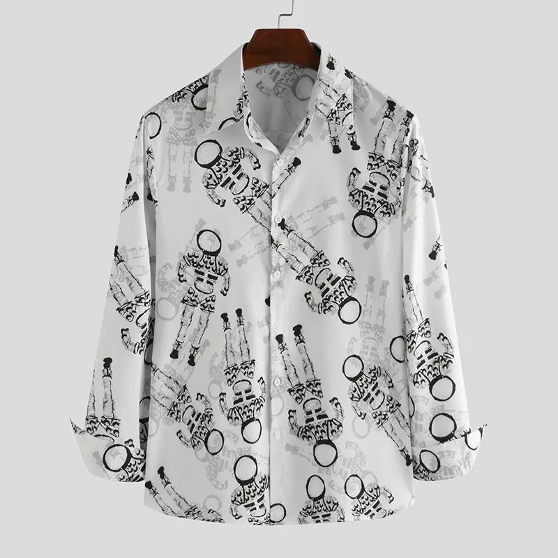 INCERUN Fashion Printed Men Shirt Lapel Long Sleeve Streetwear Tops Button Casual Funny Shirts Loose Camisa Masculina S-3XL