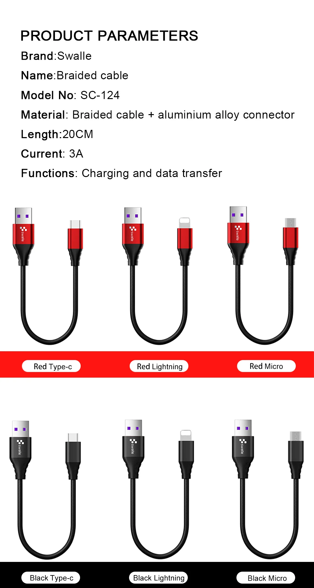 Swalle Micro USB Cable Type C USB Data Charging Cable for smartphone tablets 3A USB Phone Charger cables wire wholesale