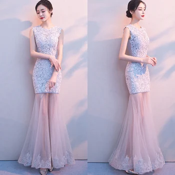 

Illusion Evening Dresses Sexy Lace Up Party Gowns F117 2019 O-Neck Sleeveless Elegant Robe De Soiree Zipper Formal Mermaid Gowns