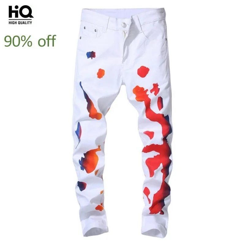 

Hot Sale Casual White Jeans Men Fashion Straight Leg Denim Hip Hop Pants Street Style Painting Zipper Slim Fit Biker Trousers