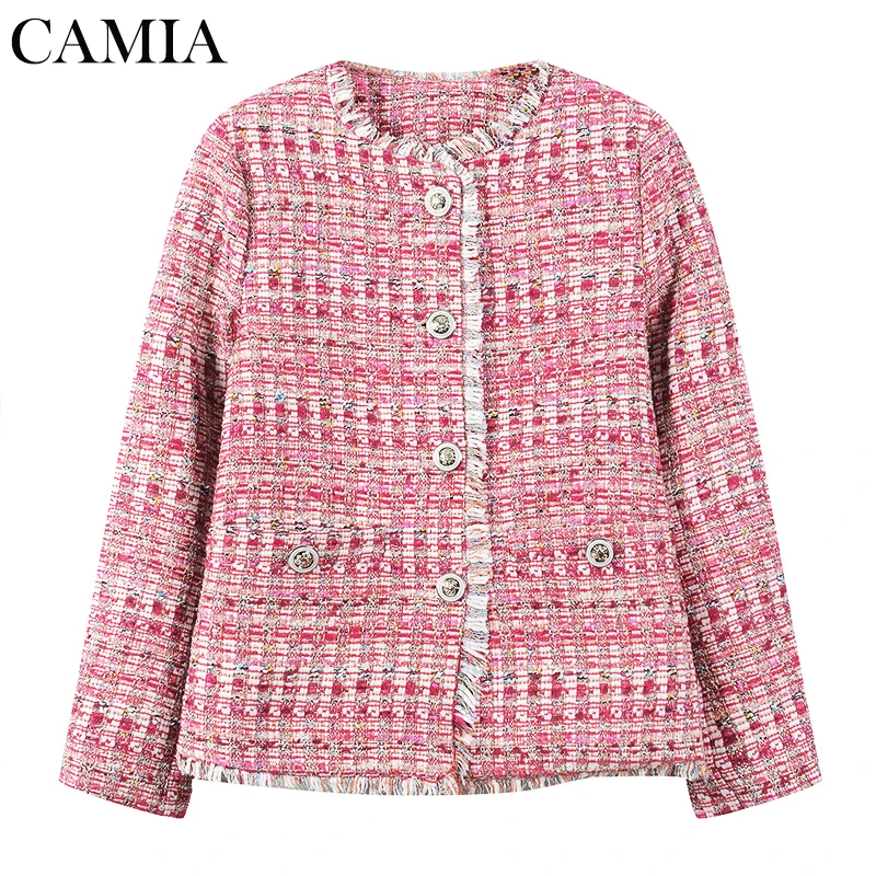 

CAMIA new pink knit tweed jacket button decoration high street jacket autumn collarless coat jacket Slim Harajuku