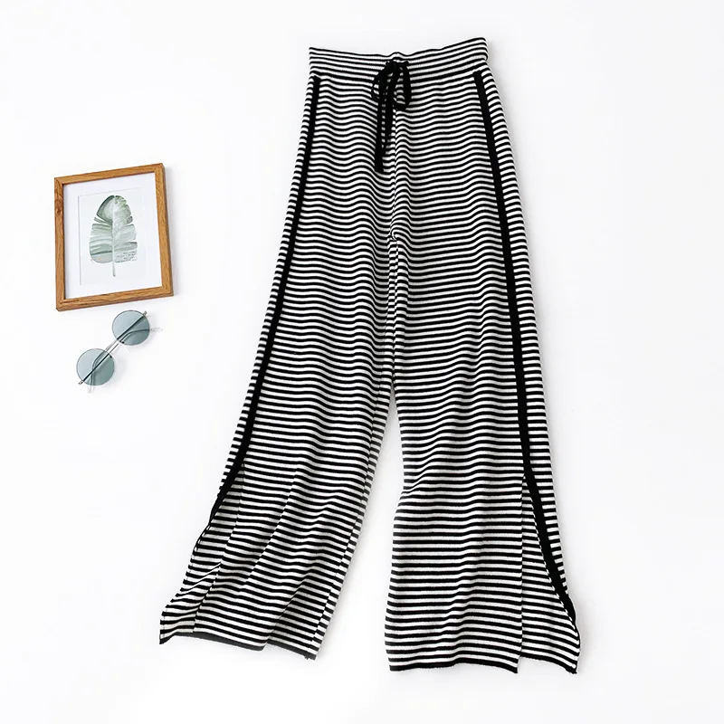 

Wasteheart Autumn Women Fashion Black Long Loose Pants Wide Leg Pants High Waist Full Length Female Flare Pants Striped Knitting