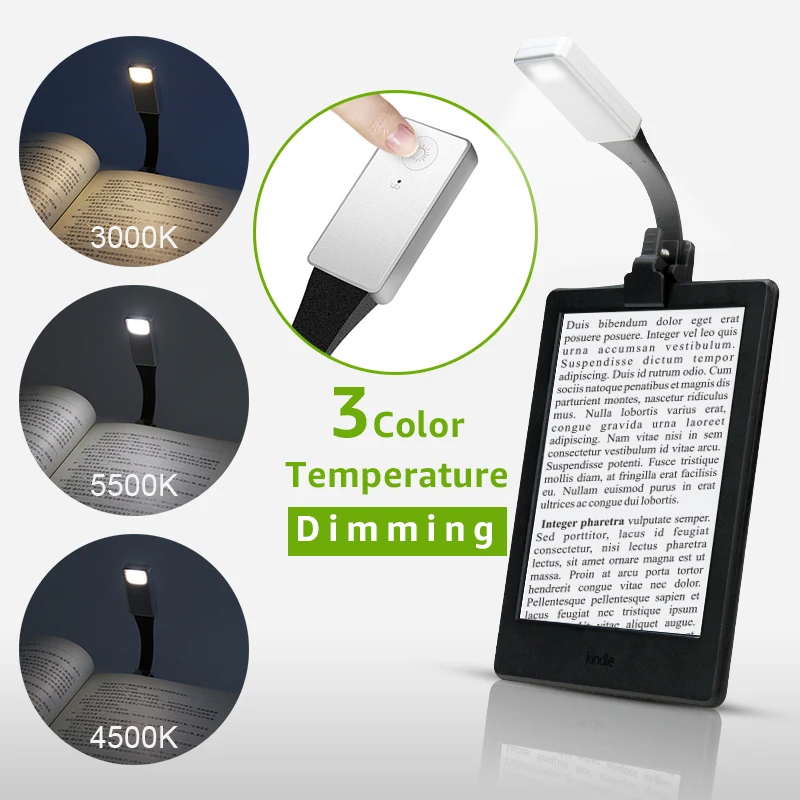

3 color temperature Rechargeable E-book Led Light For Kindle Paper USB Led Reading Lamp Flexible E-read Clip Book Light