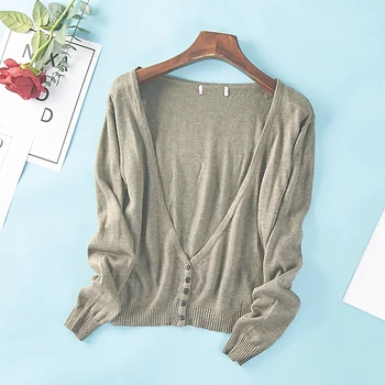 

Spring and Autumn New Women's Korean Solid Color V-neck Single-breasted Air Conditioning Shirt Knit Cardigan Short Jacket