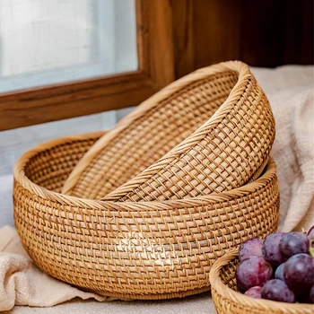

Handwoven Round Rattan Fruit Basket Wicker Food Tray Weaving Storage Holder Dining Room Display Bowl