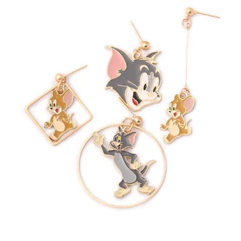

Hot Sale Classic Cartoon Anime Cute Cat and Mouse Asymmetry Animal Stud Earrings Girl Children kids Gift Jewelry