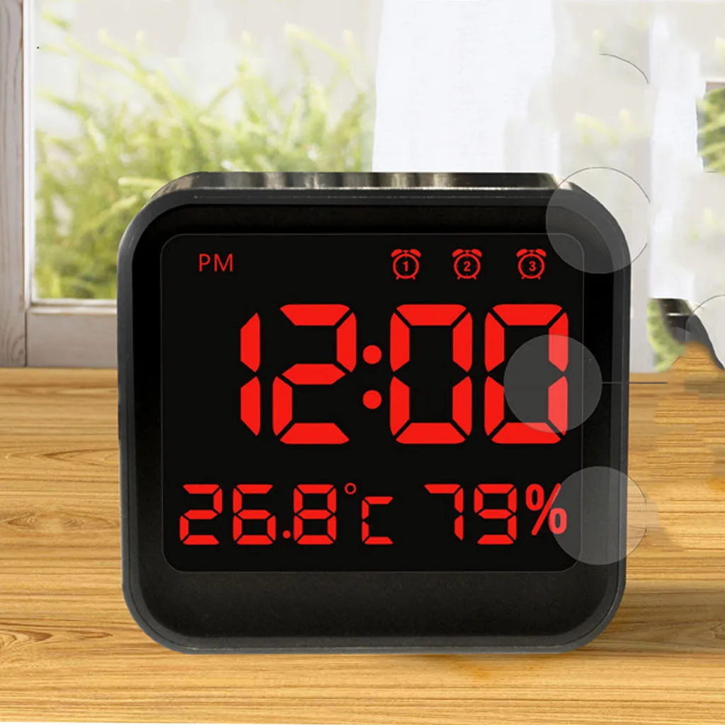 3 Groups of Alarm Clock Digital LED Table Alarm Day Night Clock 12/24 Hour Display with Temperature + Air Hygrometer