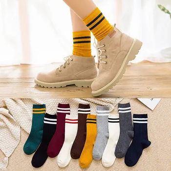 

New Funny Japanese High School Girls Cotton Loose Striped Crew Long Socks Colorful Women Sox Harajuku Designer Retro YellowWhite