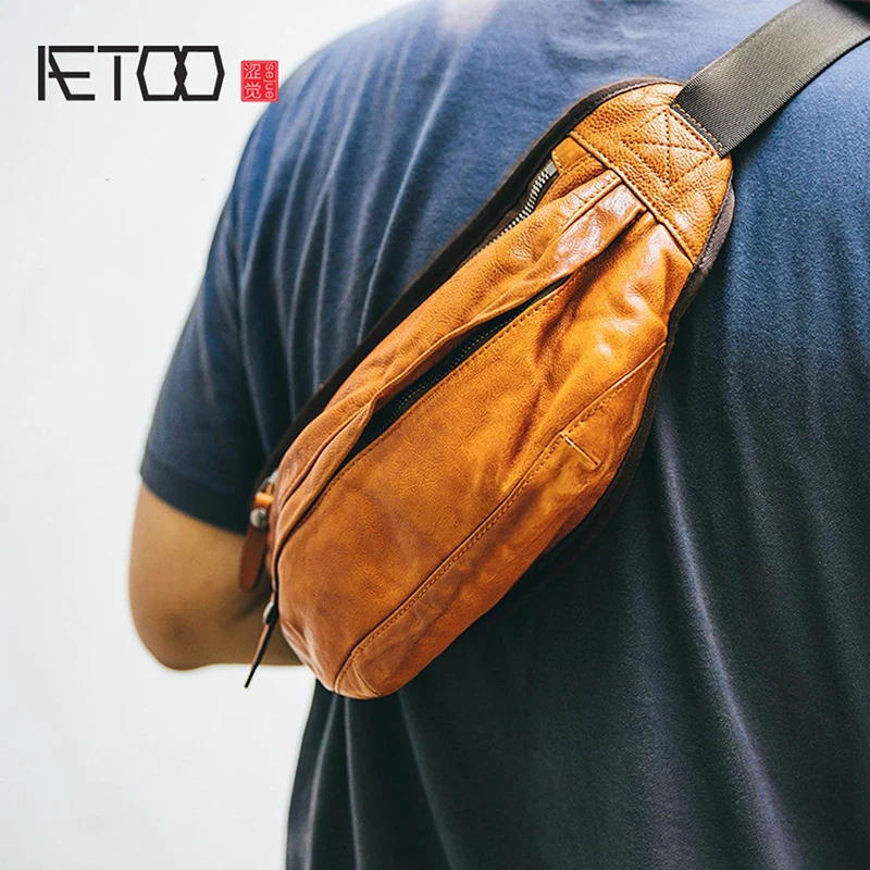 

BJYL Male leather single shoulder bag crossbody bag retro trend male leather multifunctional practical large capacity chest bag