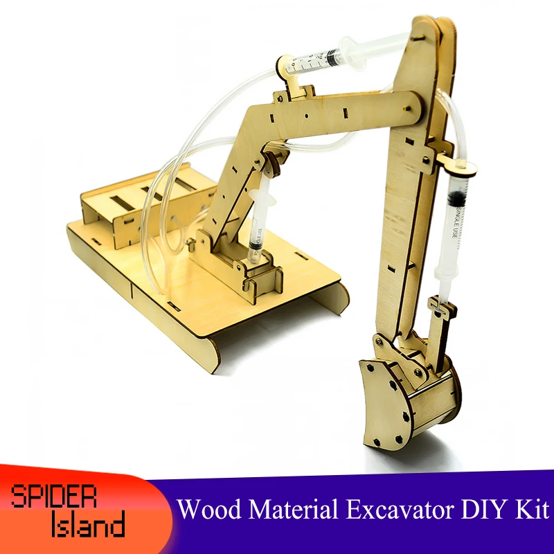 Wooden Hydraulic Excavator Model Handmade Scientific Experiments Kids Toy Gifts