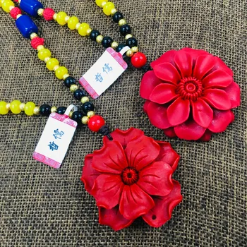 

New natural cinnabar carved red flower pendant with a bead necklace beautiful men and women sweater chain