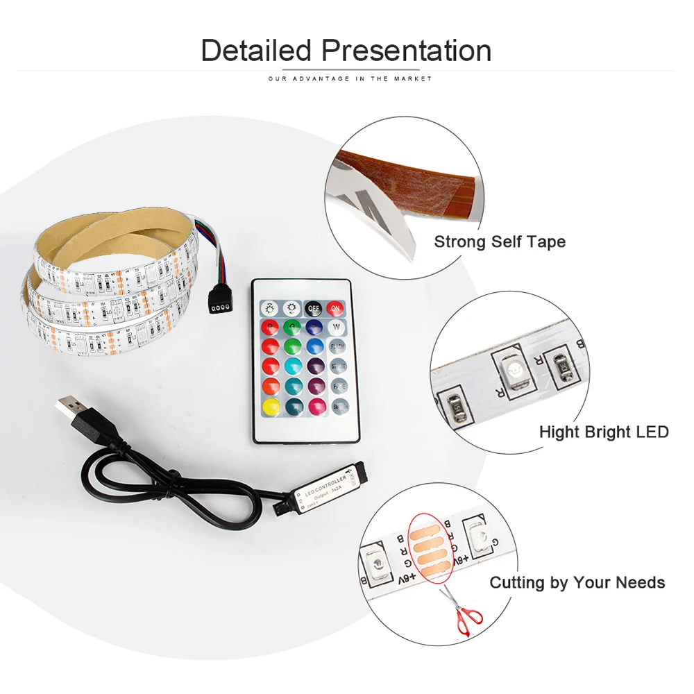 5 В USB Светодиодная лента светильник 5050 RGB ТВ Настольный ПК подсветка Смещенный светильник ing Гибкая лампа с пультом дистанционного управления 1 м 2 м 3 м