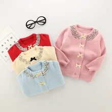 New Style Korean-style CHILDREN'S Long-sleeved Cardigan Coat Sweater Solid Color Base Shirt Bow Button Sweater