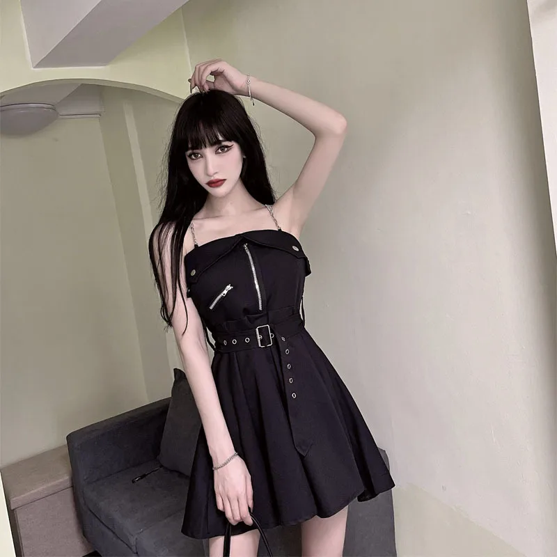 

2022 Summer Black Spaghetti Strap Dress Punk Zipper With Belt Chain Dresses High Street Slim Clothes Party Club Prom