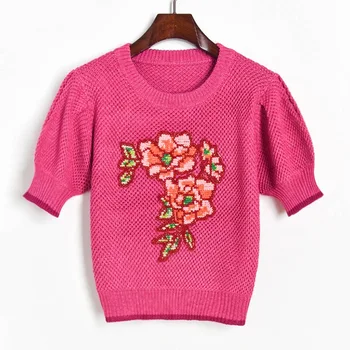 

Fashion Women Tshirt Embroidery Hollow Out Tops 2020 Summer New O-neck Puff Sleeve Tshirt Women Knitted High Waist Shirt Tops
