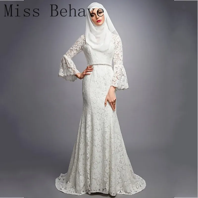 

DD JYOY Muslim Wedding Dress Long Sleeve Elegant Mermaid Bridal Gown Crystal Belt with Small Train Zipper Back