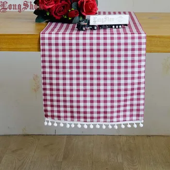 

Christmas Decorative Unique Pink Small Plaid Modern Style Table Runner With Lovely Braid Ball Lace