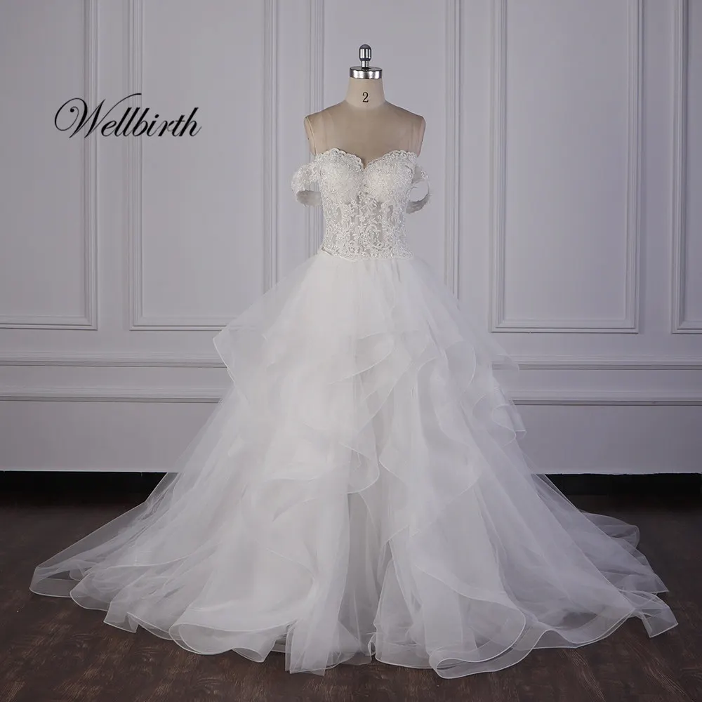 100% реальное изображение Wellbirth Vestido de novia милое tull zippber ТРАПЕЦИЕВИДНОЕ свадебное