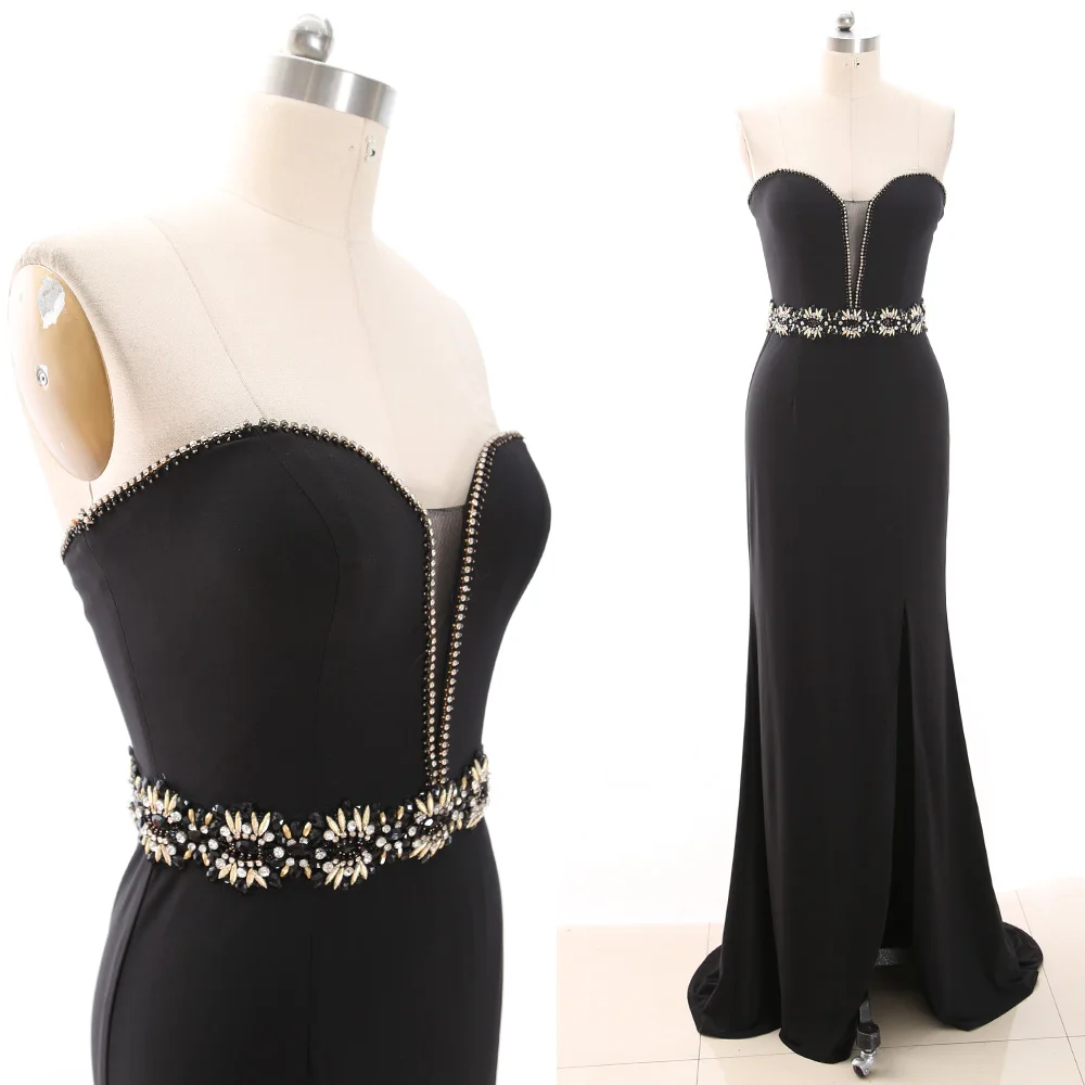 

MACloth Black Sweep Train Strapless Floor-Length Long Crystal Jersey Prom Dresses Dress L 266260 Clearance