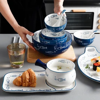 

Japanese Style Blue Ceramic Plate Handmade Dish Rice Bowl Fish Steak Dessert Porcelain Breakfast Dinner Tableware Set