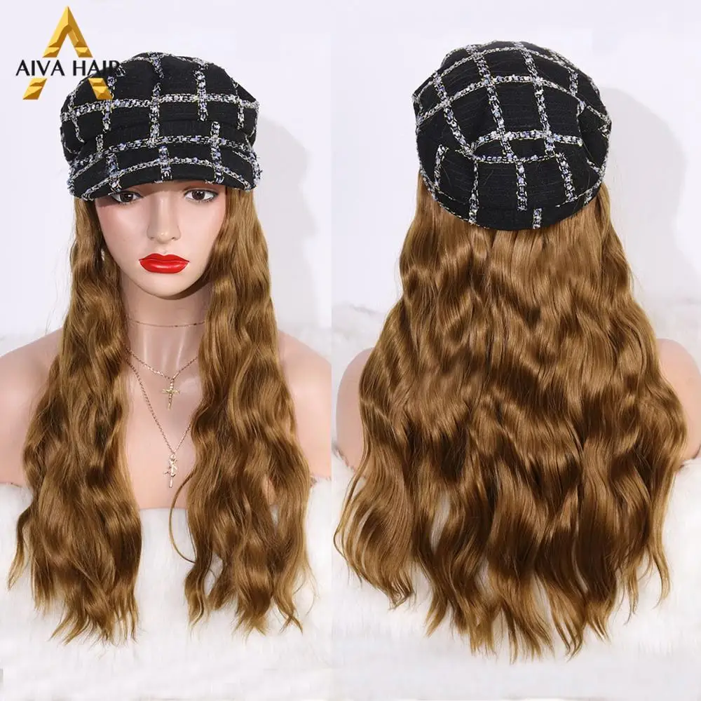 Light Brown Aiva волосы высокая температура черные женские парики со шляпой синтетические волосы термостойкий парик женский берет шапки для зимы - Цвет: Light Brown