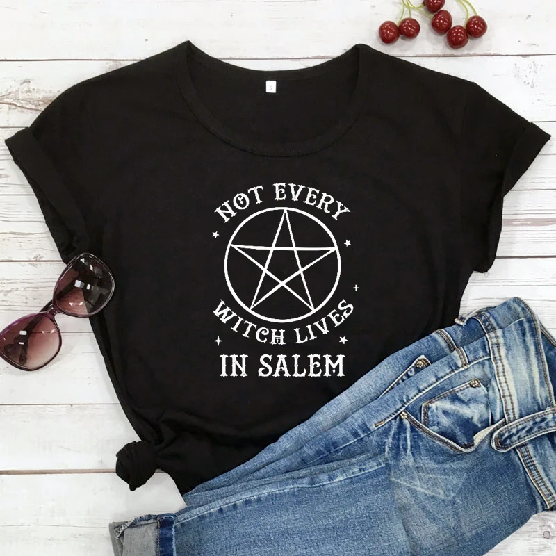 

Not Every Witch Lives In Salem T-shirt Fashion Summer 90s Grunge Black Tee Shirt Top Funny Women Crewneck Graphic Wichy Tshirt