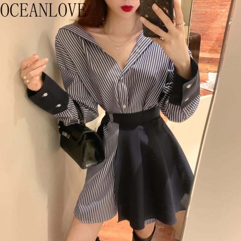 OCEANLOVE в полоску 2 предмета женское платье корейский стиль лоскутные модные платья