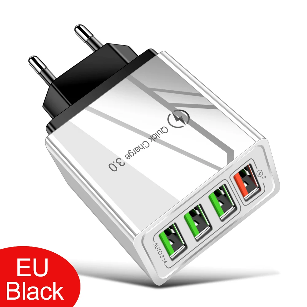 4 USB Charger Quick Charge 3.0 For Phone Adapter for iphone 11 Samsung Tablets UK EU Portable Fast Charging Wall Mobile Charger - Тип штекера: EU Haf Black