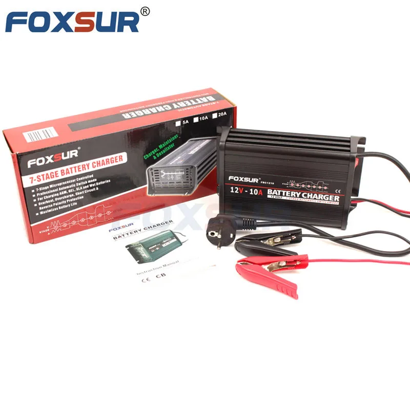 FOXSUR мотоцикл автомобильное зарядное устройство для быстрой зарядки 12v 10A/20A 7-ступенчатая свинцово-кислотный высокой мощности умное устройство для зарядки
