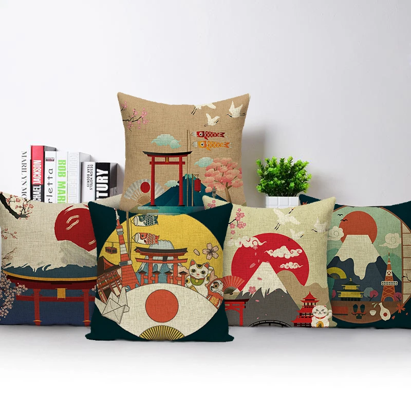Japanese Culture Pattern Cushion Cover Mount Fuji Pillowcase Sofa Seat