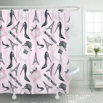 

Pink Paris Cosmetic Glamorous Black Beauty Hand Watercolor Shower Curtain Waterproof Polyester Fabric 72 x 72 Inches Set