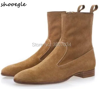 

SHOOEGLE Western Style Ankle Boots Men Zip Cowboy Boots Light brown Low Heeled Shoes Street Show Boots Men