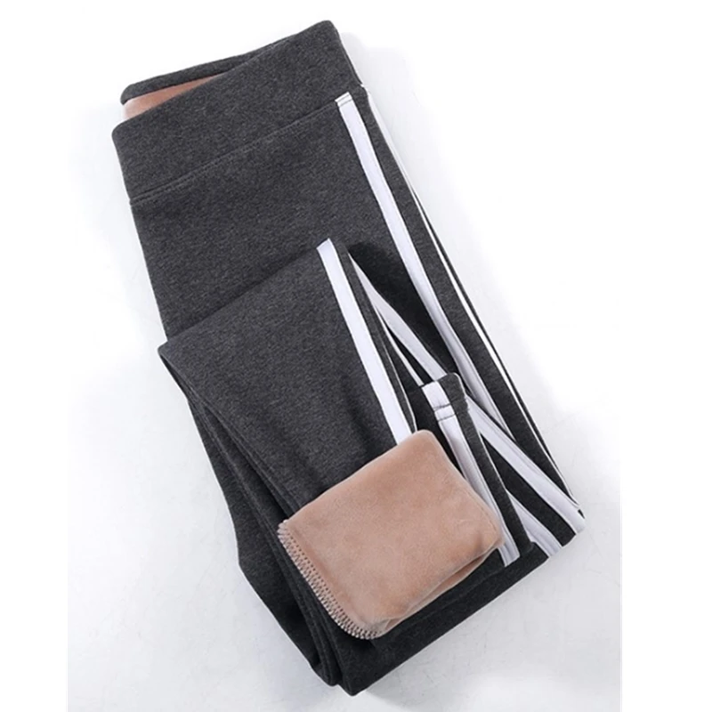 Gray white stripe Женские хлопковые бархатные теплые леггинсы зимние Новые Сексуальные женские штаны с высокой талией и полосками по бокам для спортивных тренировок и фитнеса - Цвет: Gray white stripe